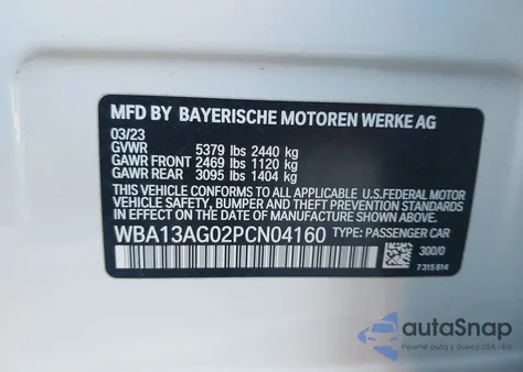 2023 BMW 530E из США, поврежденный, VIN WBA13AG02PCN04160